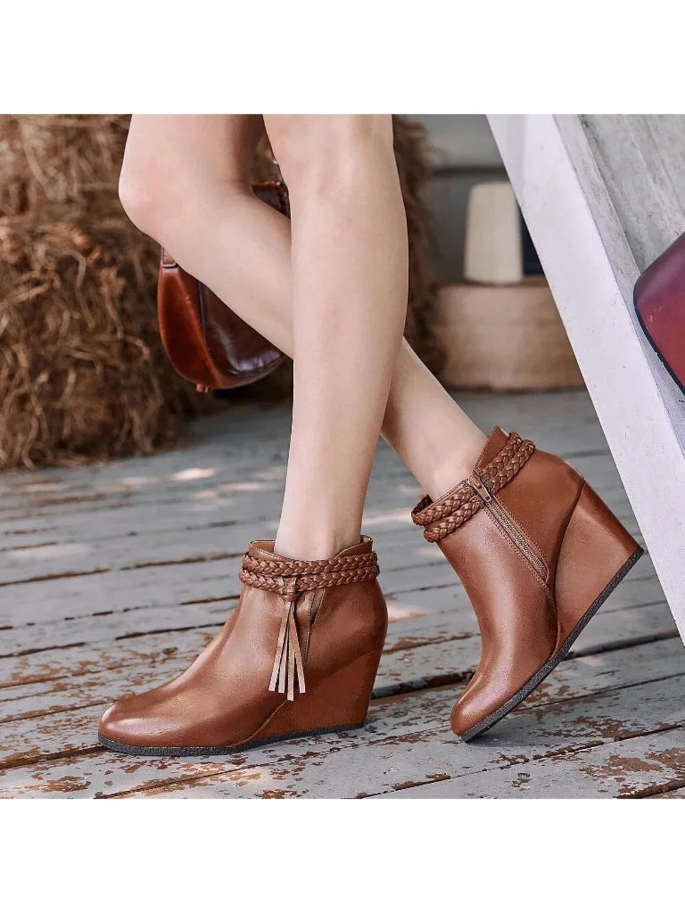 Women's Brown Braided Fringe Strap Western Heeled Fall Booties Dress Shoes